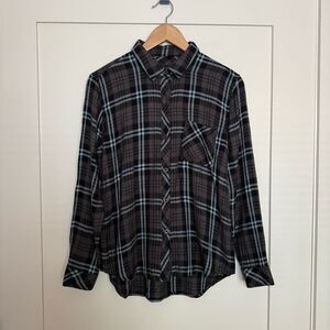 Rails Shirt Hunter Iron Sky Womens Sz S Black Plaid Button Up Long Sleeve Rayon